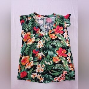 Christian Siriano Floral Hawaiian Print Top Short Ruffle Cap Sleeve